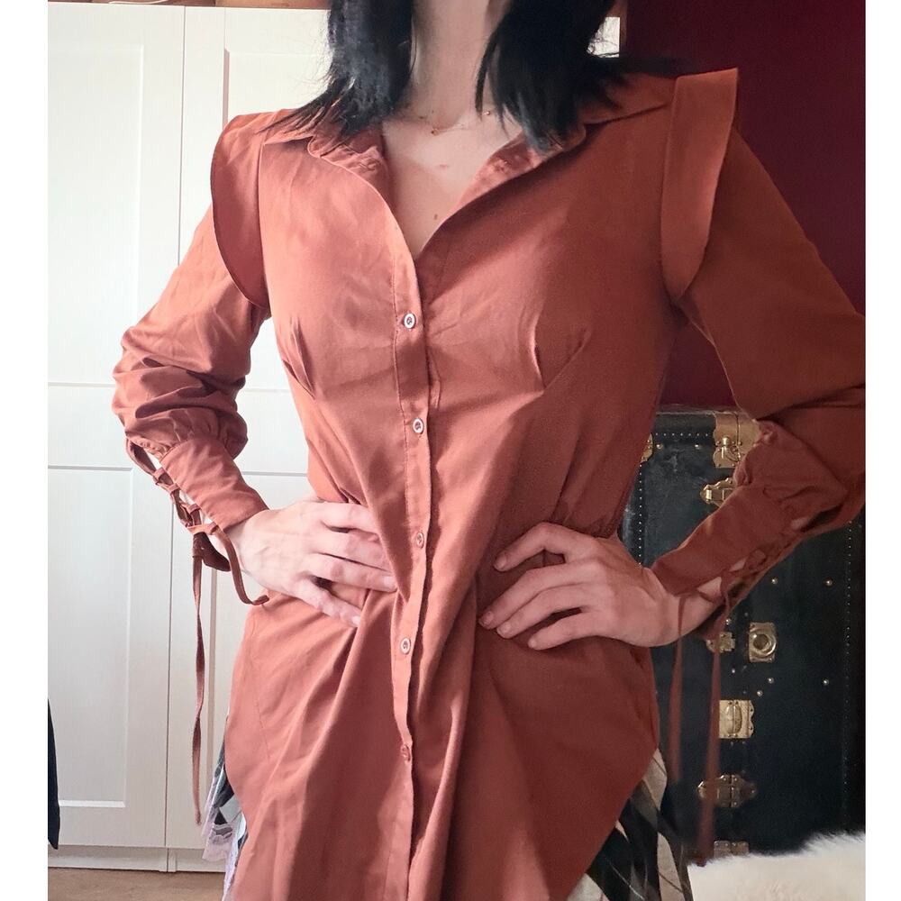 rust fitted button down shirt with structured shoulders